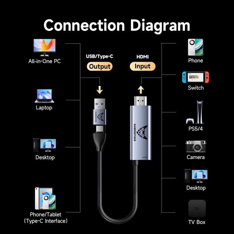 DiamondTiger Capture Card with 100W PD 6Ft HDMI Cable to USB 3.0/USB C 1080P 60fps Cam Link Card,Record Capture Device for Streaming, Live Broadcasting,Video Conference,Teaching,Gaming Quest 3 VR - Image 2